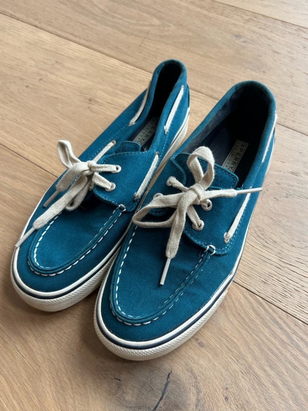 Sperry Teal Canvas Boat Shoes with Cream Laces
